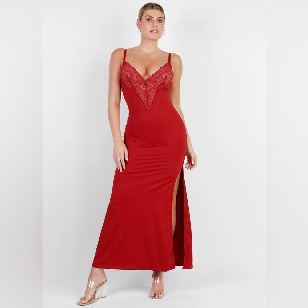 Popilush The Shapewear Dress Lace Slip Split Maxi